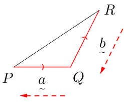 Vector(P(0,0)Q(2,0)R(3,2)PQ-red(a),QR-red(b),reddotted(RQ),reddotted(QP)).png