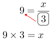 Linarrow(9=frac(x)(ovalbox(3))9times3=x).png