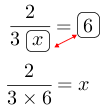 Linarrow(frac(2)(3ovalbox(x))=ovalbox(6)frac(2)(3times6)=x).png