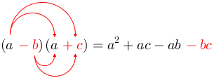 Arrow(arrow(arrow(arrow((ared(-b))(a))red(+c))))=a^(2)+ac-abred(-bc).png